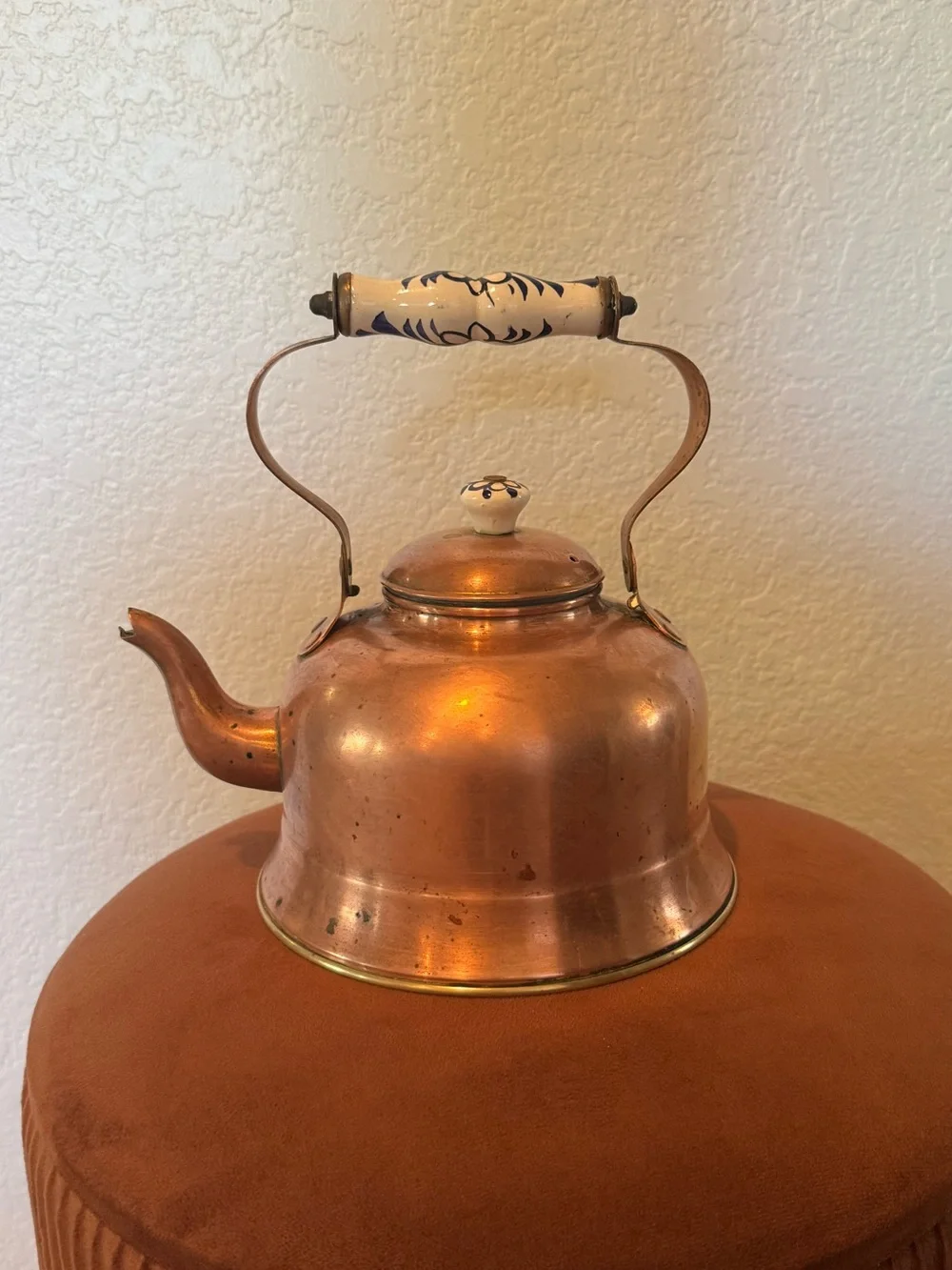 Vintage Copper and Brass Hand Painted Tea Kettle Made in Portugal